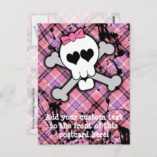 Roze schedel en kruisbeenderen met hart en met pot briefkaart (Voorkant / Achterkant)