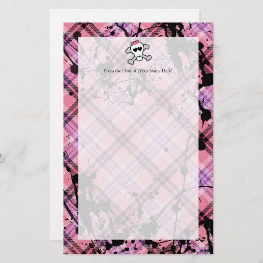 Roze schedel en kruisbeenderen met hart en met pot briefpapier (Voorkant / Achterkant)