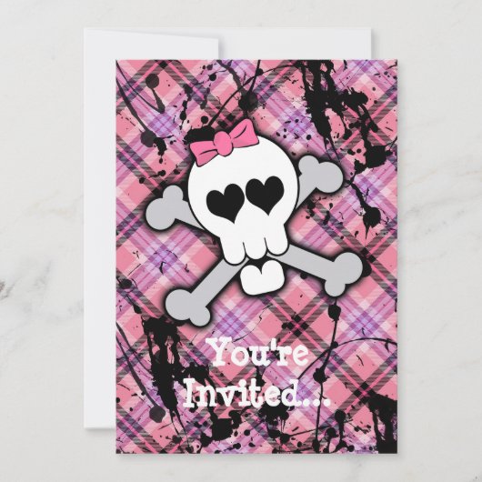 Roze schedel en kruisbeenderen met hart en met pot kaart (Voorkant)