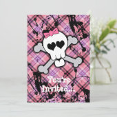 Roze schedel en kruisbeenderen met hart en met pot kaart (Staand voorkant)