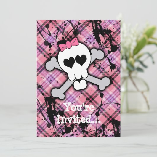 Roze schedel en kruisbeenderen met hart en met pot kaart (Staand voorkant)