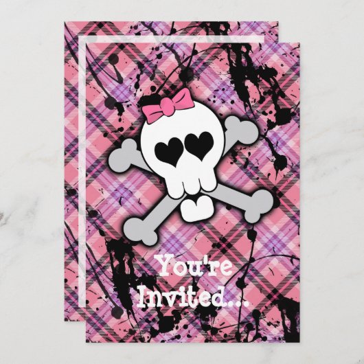 Roze schedel en kruisbeenderen met hart en met pot kaart (Voorkant / Achterkant)