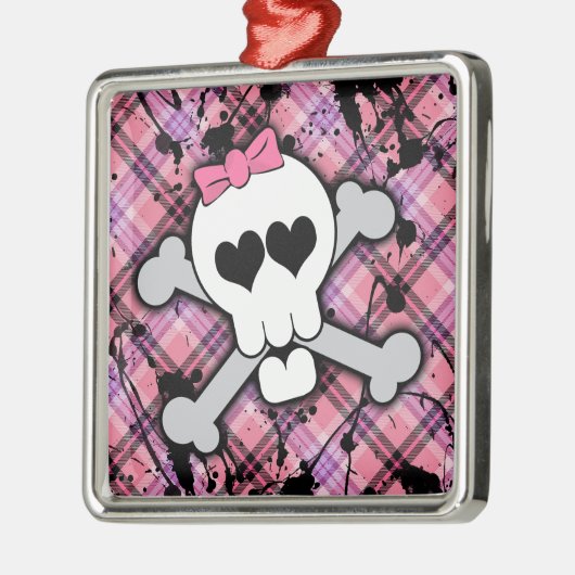 Roze schedel en kruisbeenderen met hart en met pot metalen ornament (Links)