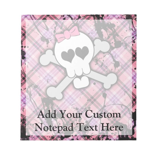 Roze schedel en kruisbeenderen met hart en met pot notitieblok (Voorkant)