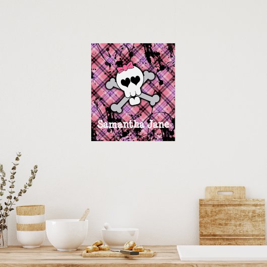 Roze schedel en kruisbeenderen met hart en met pot poster (Keuken)
