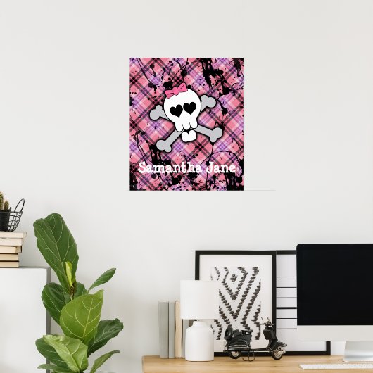 Roze schedel en kruisbeenderen met hart en met pot poster (Thuiskantoor)