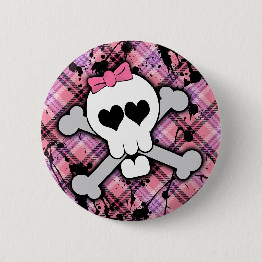 Roze schedel en kruisbeenderen met hart en met pot ronde button 5,7 cm (Voorkant)