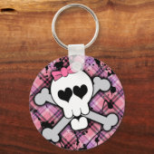 Roze schedel en kruisbeenderen met hart en met pot sleutelhanger (Voorkant)