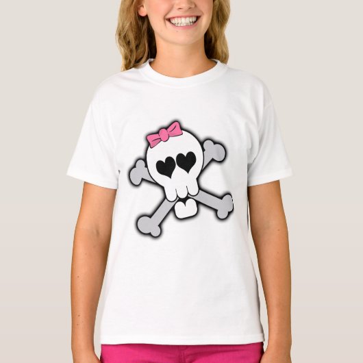 Roze schedel en kruisbeenderen met hart en met pot t-shirt (Voorkant)