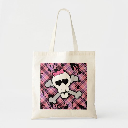 Roze schedel en kruisbeenderen met hart en met pot tote bag (Voorkant)