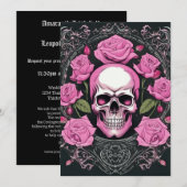 Roze schedel en Rozen Gotische Elegantie Bruiloft Kaart (Voorkant / Achterkant)