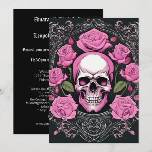 Roze schedel en Rozen Gotische Elegantie Bruiloft Kaart (Voorkant / Achterkant)