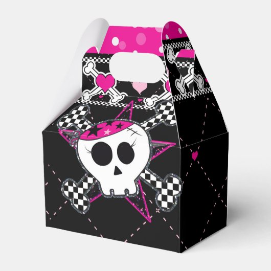 Roze schedel & harten verjaardagsfeestje gunstboxe bedankdoosjes (Voorkant Zijde)