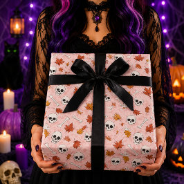 Roze Schedel Herfstbladeren Halloween Patroon Cadeaupapier