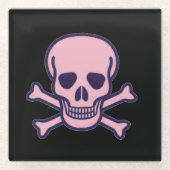 Roze schedel in Botten onderzetter van zwart glas Glazen Onderzetter (Voorkant)