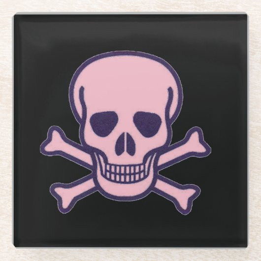 Roze schedel in Botten onderzetter van zwart glas Glazen Onderzetter (Voorkant)