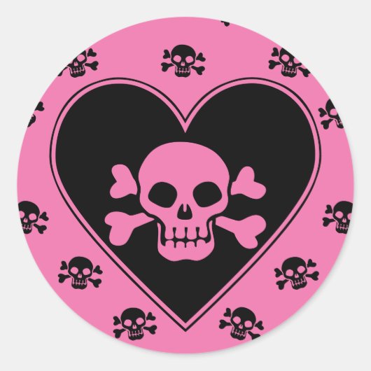 Roze schedel in het hart ronde sticker (Voorkant)