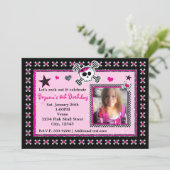 Roze Schedel & Kruisbeenderen Harten Foto uitnodig Kaart (Staand voorkant)