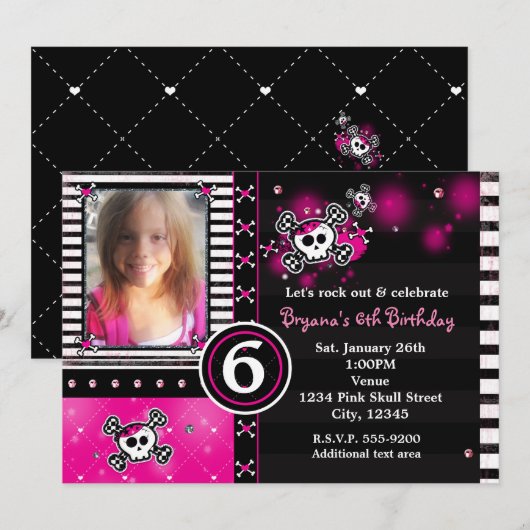 Roze Schedel & Kruisbeenderen Harten Foto uitnodig Kaart (Voorkant / Achterkant)