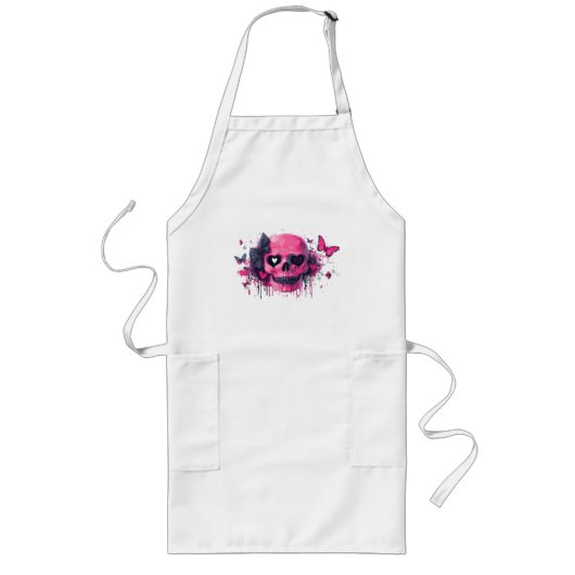 Roze schedel met vlinders en harten lang schort (Voorkant)