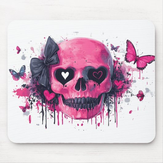 Roze schedel met vlinders en harten muismat (Voorkant)