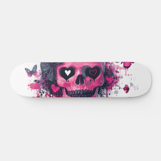 Roze schedel met vlinders en harten persoonlijk skateboard (Horizontaal)