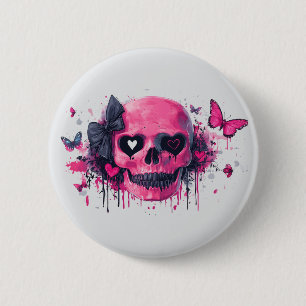 Roze schedel met vlinders en harten ronde button 5,7 cm