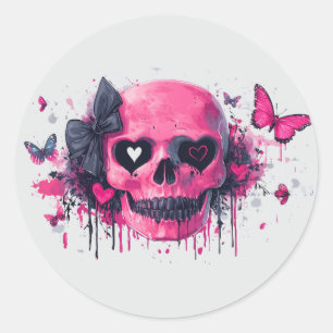 Roze schedel met vlinders en harten ronde sticker