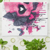 Roze schedel met vlinders en harten theedoek (Gevouwen)