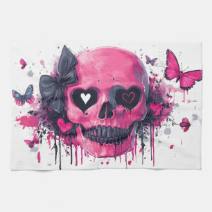 Roze schedel met vlinders en harten theedoek