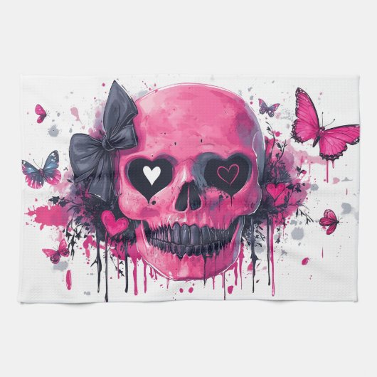 Roze schedel met vlinders en harten theedoek (Horizontaal)