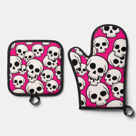 Roze Schedelpatroon Ovenwant & Pannenlap Set (Voorkant)