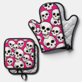 Roze Schedelpatroon Ovenwant & Pannenlap Set (Voorkant / Achterkant)