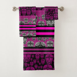 Roze Schedels En Strepen Badkamer Handdoek Set