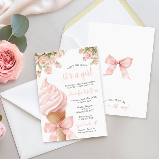 Roze Schep Ice Cream Bow Zomer Baby Meisje Douche Kaart