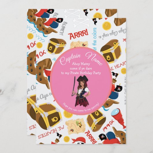 Roze schepen en schat  Feest Piraten Uitnodiging (Voorkant / Achterkant)