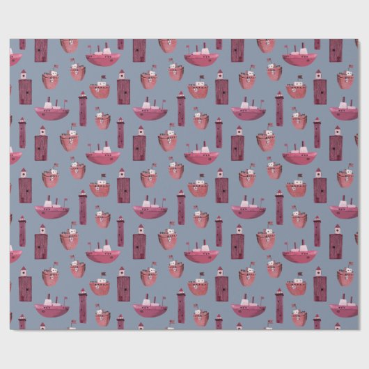 Roze Schepen & Houten Vuurtorens Dusty Blue Cadeaupapier (Vlak)