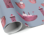 Roze Schepen & Houten Vuurtorens Dusty Blue Cadeaupapier (Rol Hoek)
