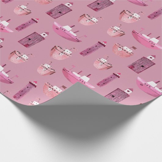 Roze Schepen & Houten Vuurtorens Stoffig Roos Cadeaupapier (Hoek)