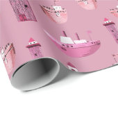 Roze Schepen & Houten Vuurtorens Stoffig Roos Cadeaupapier (Rol Hoek)