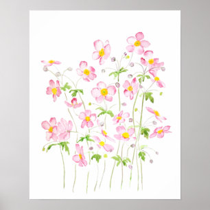Roze schilderij van het Japanse Anemone-veld water Poster