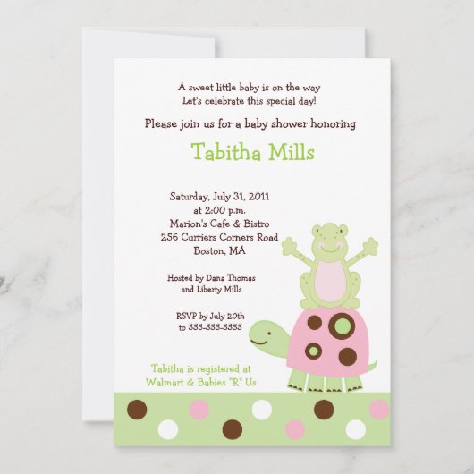Roze schildpad en Pond Fr og Baby shower Invitatio Kaart (Voorkant)