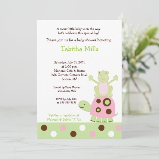 Roze schildpad en Pond Fr og Baby shower Invitatio Kaart (Staand voorkant)