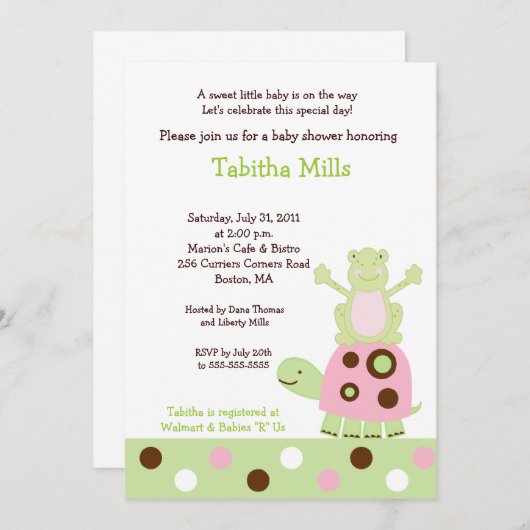 Roze schildpad en Pond Fr og Baby shower Invitatio Kaart (Voorkant / Achterkant)