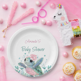 Roze Schildpad Meisje Baby Shower  Papieren Bordje