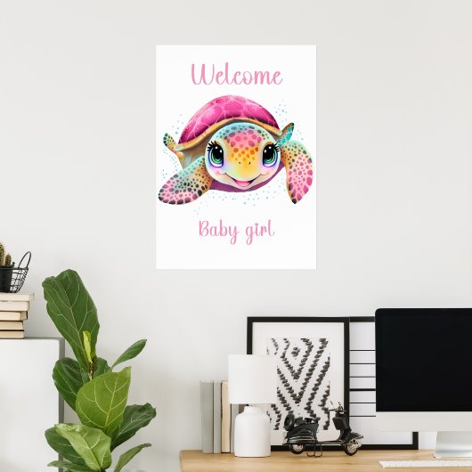 ROZE SCHILDPAD WELKOM BABY MEISJE POSTER (Thuiskantoor)
