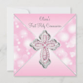 Roze schitterende kruis eerste heilige communie kaart (Voorkant)