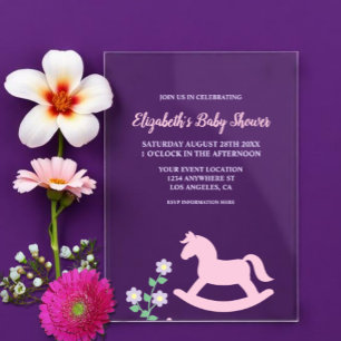 Roze Schommelend Paard Meisje Baby Shower Acryl Uitnodigingen