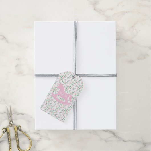 Roze Schommelend Paard Meisje Baby Shower Cadeaulabel (Met Touw)