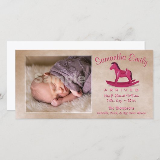 Roze Schommelpaard Geboorteaankondiging Aankondiging (Voorkant / Achterkant)